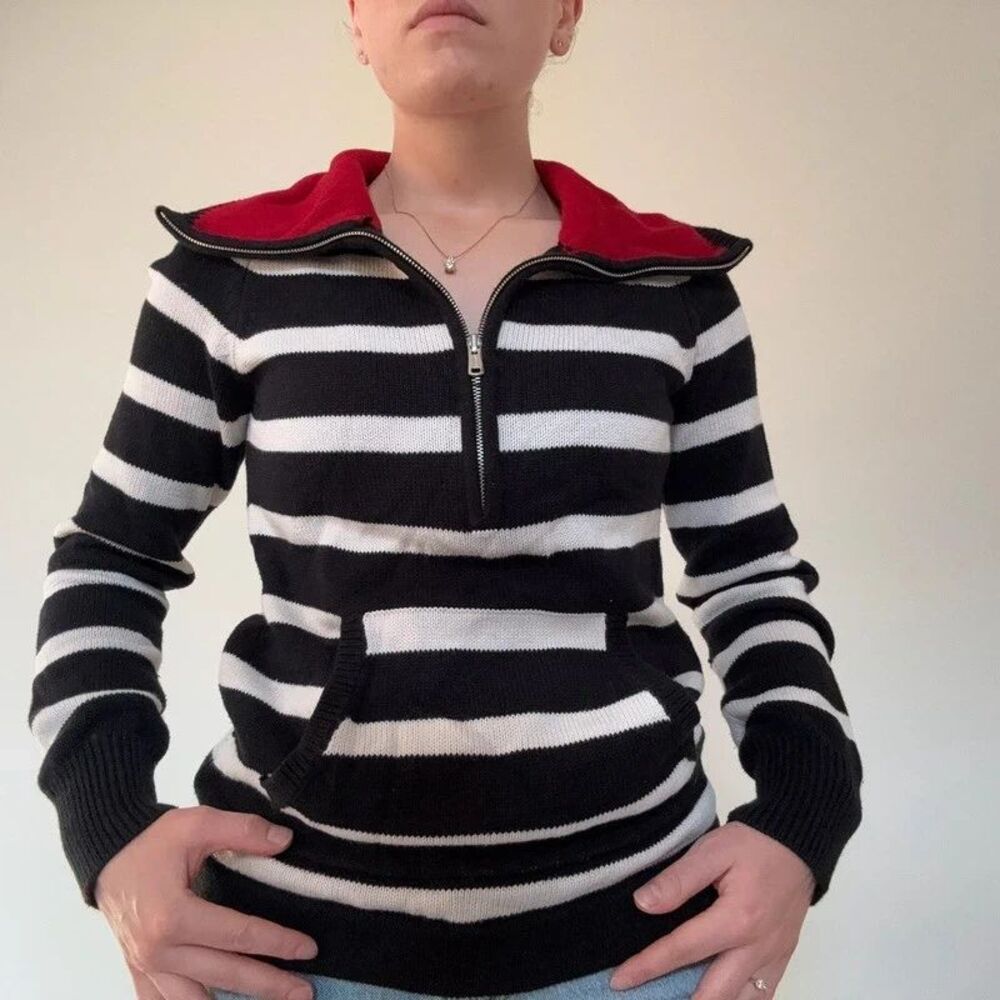 Vintage Ralph Lauren Striped Knit Quarter-Zip Sweater w/ Red Collar - Size Small